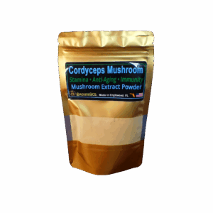 Cordyceps Powder in a gold foil bag with a clear window below the main label